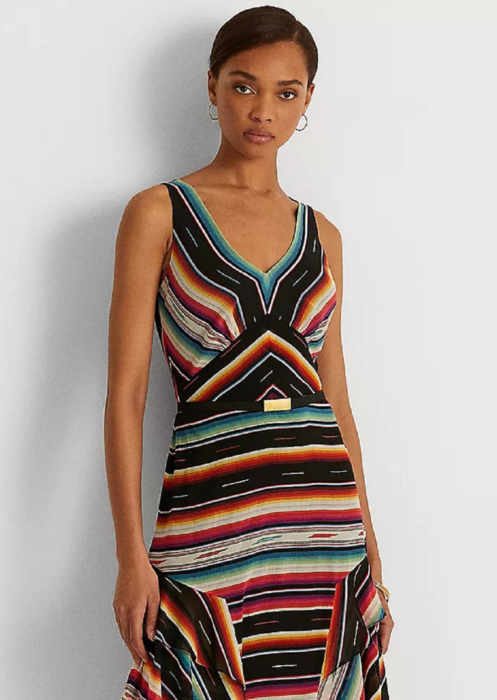 Ralph Lauren Women's Striped Crinkle Georgette Sleeveless Dress Black Size 6