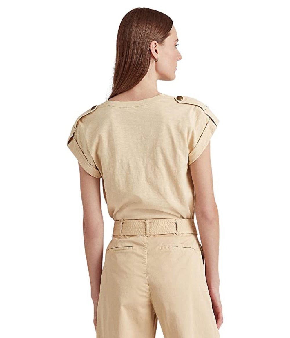 Ralph Lauren Women's Slub Jersey Roll Tab Sleeve Tee Brown Size Large