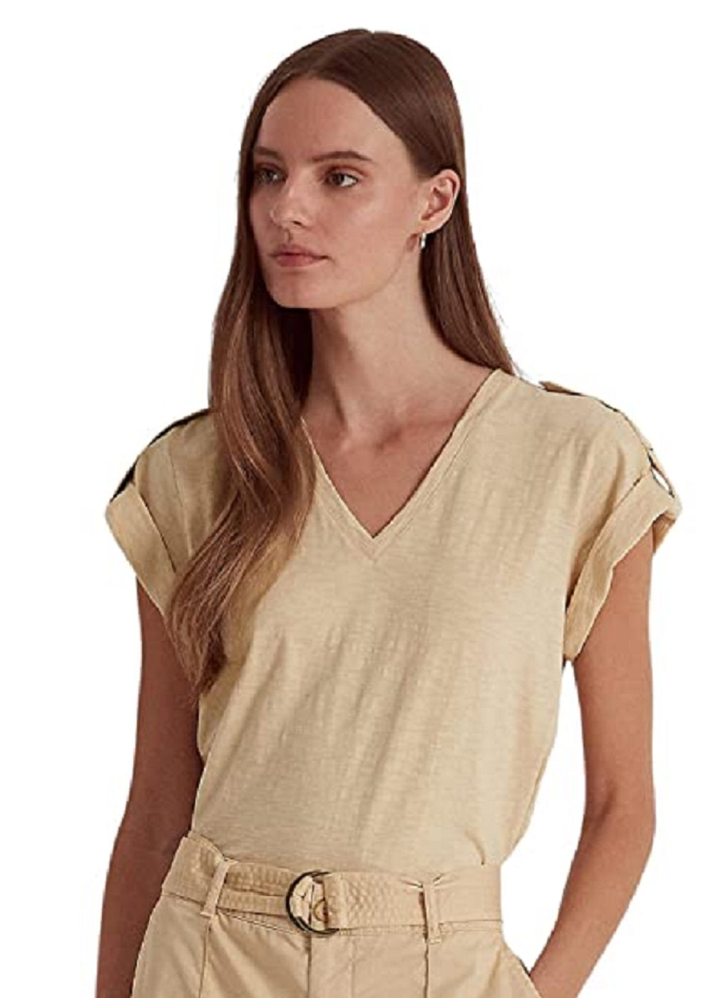 Ralph Lauren Women's Slub Jersey Roll Tab Sleeve Tee Brown Size Large