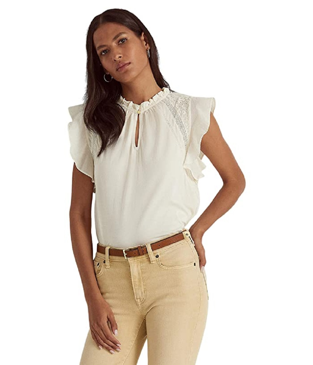 Ralph Lauren Women's Jersey Flutter Sleeve Top White Size Small