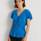 Ralph Lauren Women's Ruffled Side Tie Waist Flutter Sleeve Surplice Neckline Wear To Work Top Blue Size Medium