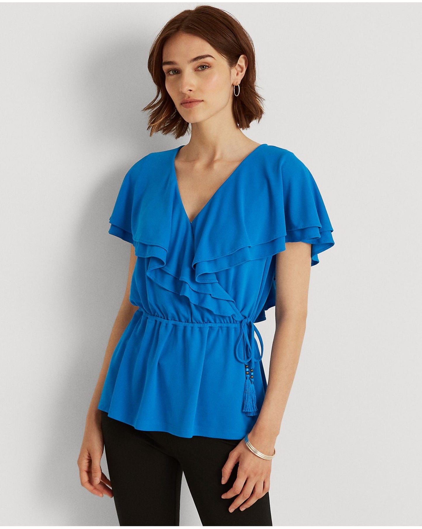 Ralph Lauren Women's Ruffled Side Tie Waist Flutter Sleeve Surplice Neckline Wear To Work Top Blue Size Medium