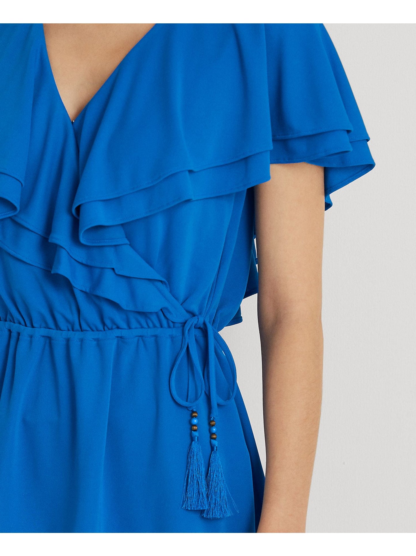 Ralph Lauren Women's Ruffled Side Tie Waist Flutter Sleeve Surplice Neckline Wear To Work Top Blue Size Medium