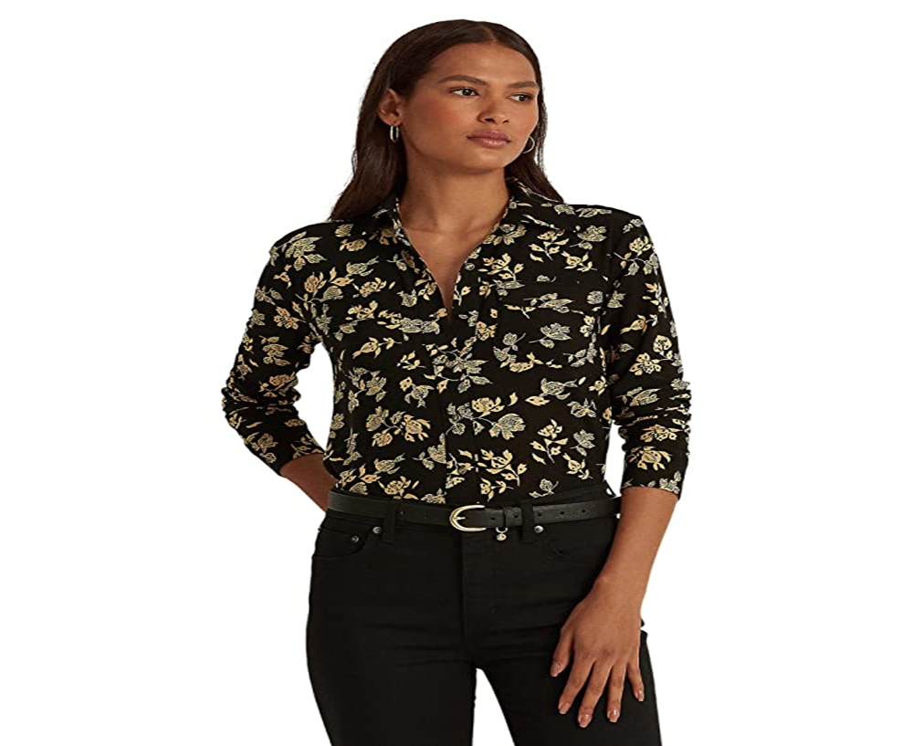 Ralph Lauren Women's Floral Stretch Jersey Shirt Black Size Large