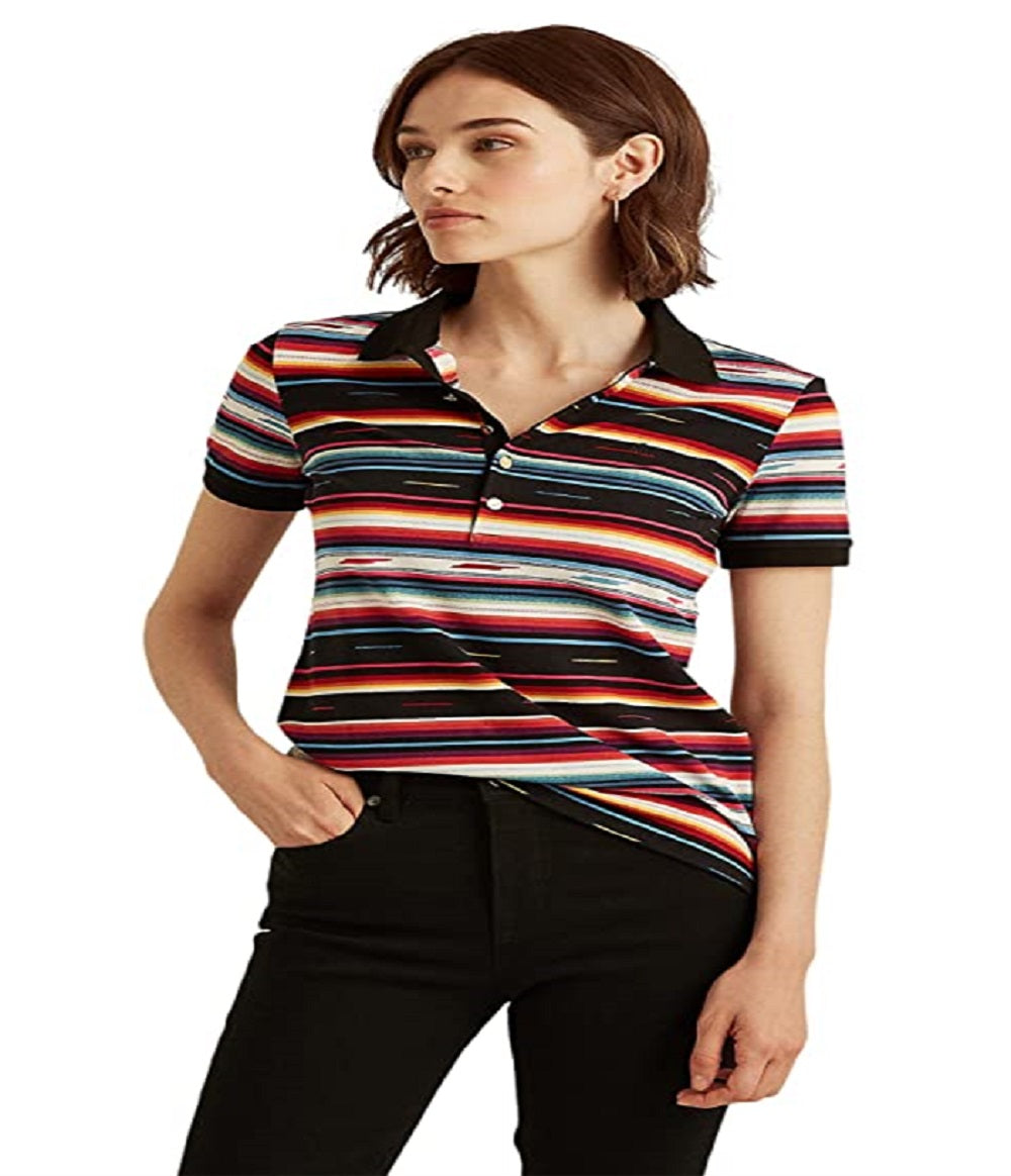 Ralph Lauren Women's Striped Pique Polo Shirt Black Size Large