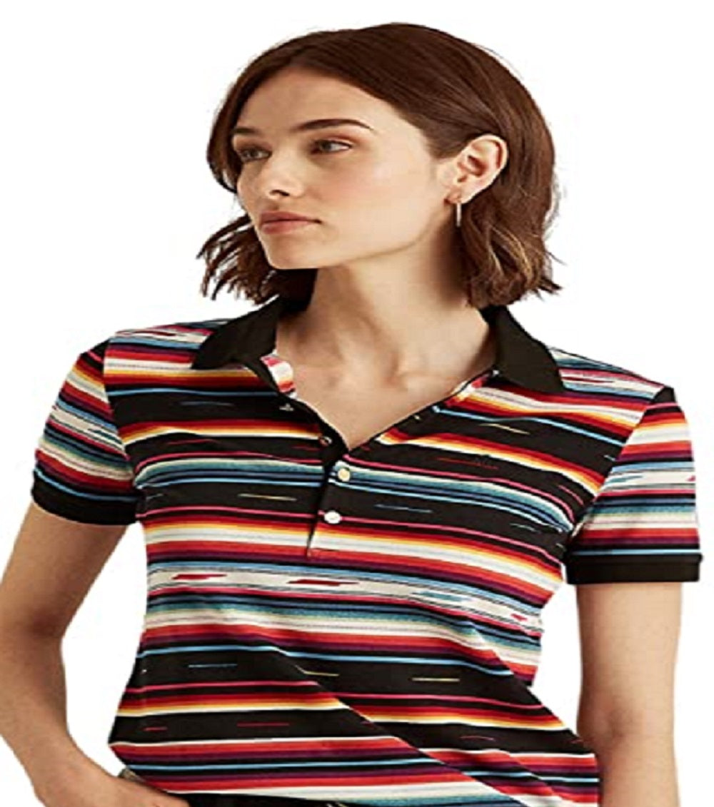 Ralph Lauren Women's Striped Pique Polo Shirt Black Size Large