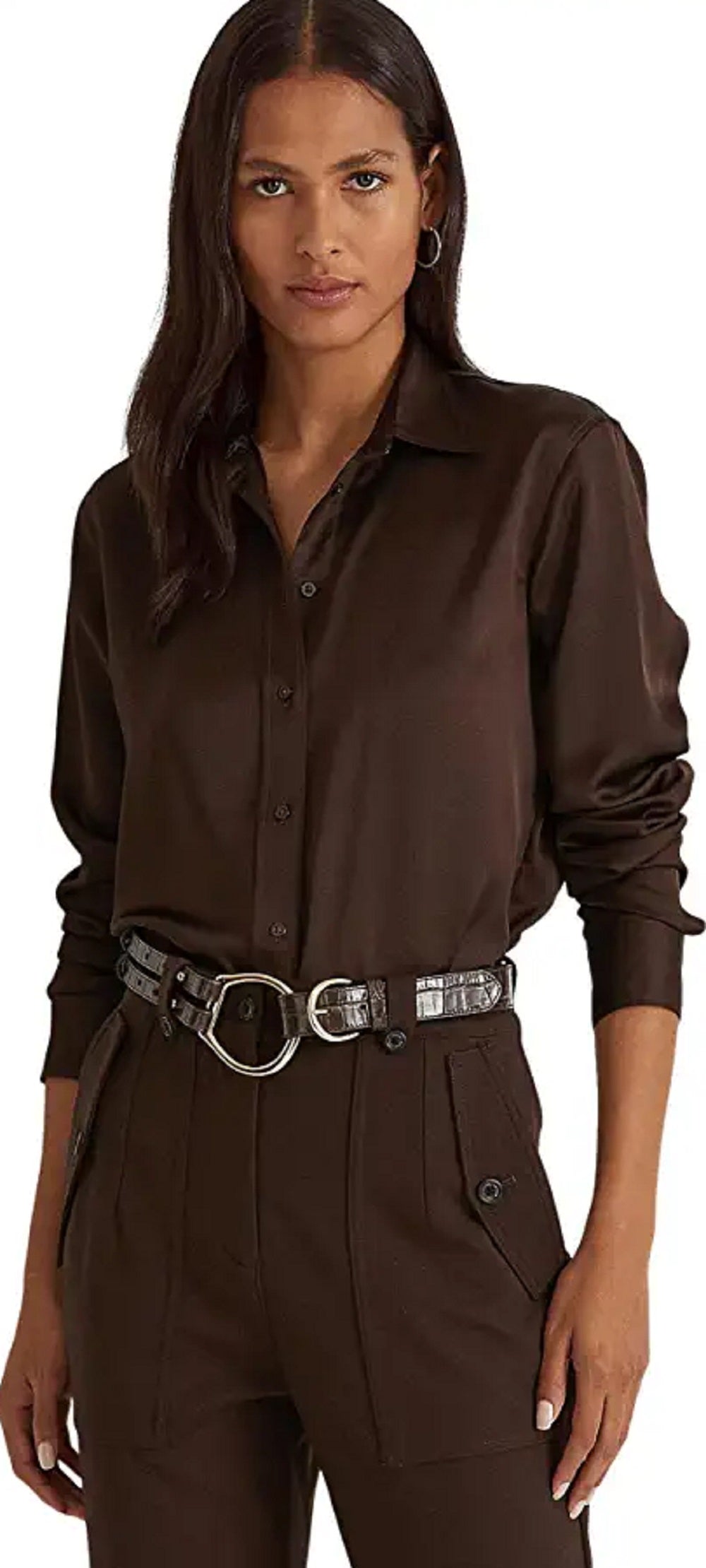 Ralph Lauren Women's Satin Charmeuse Shirt Brown Size Small