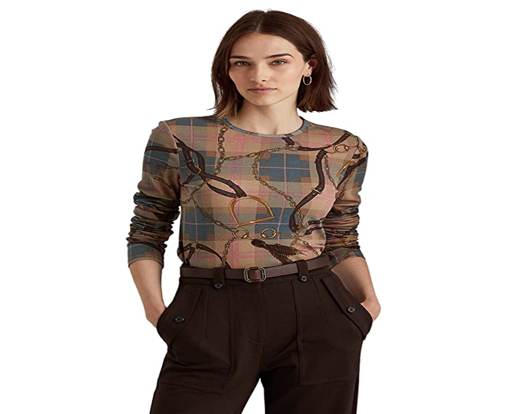 Ralph Lauren Women's Plaid Stretch Cotton Long Sleeve Tee Brown Size Large