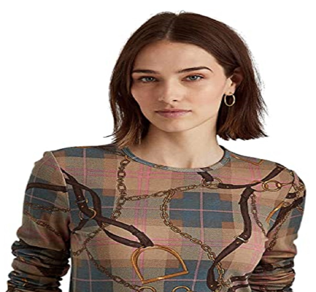Ralph Lauren Women's Plaid Stretch Cotton Long Sleeve Tee Brown Size Large