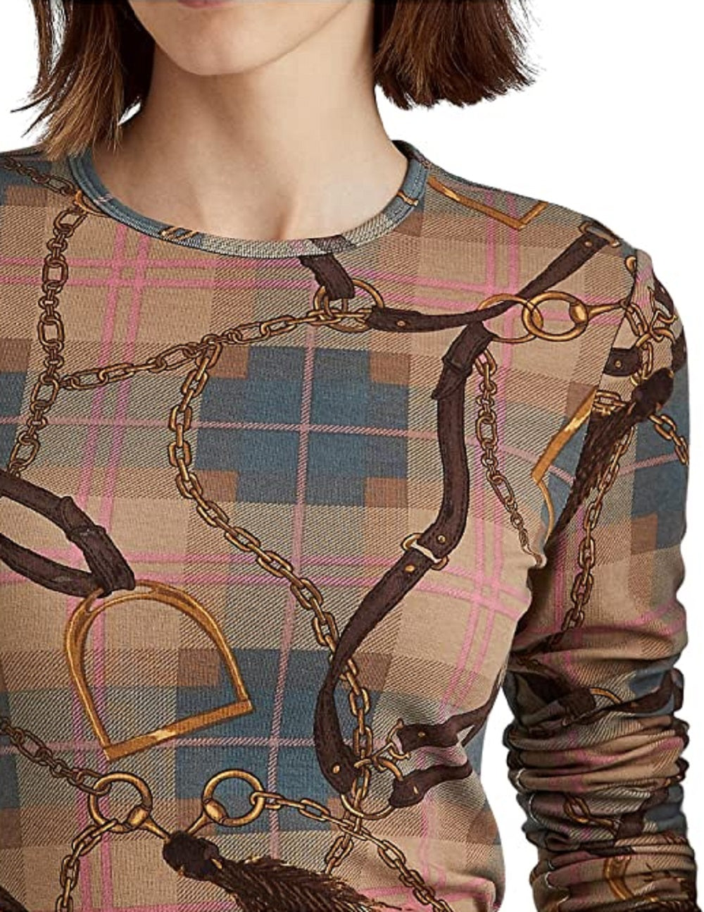 Ralph Lauren Women's Plaid Stretch Cotton Long Sleeve Tee Brown Size Small