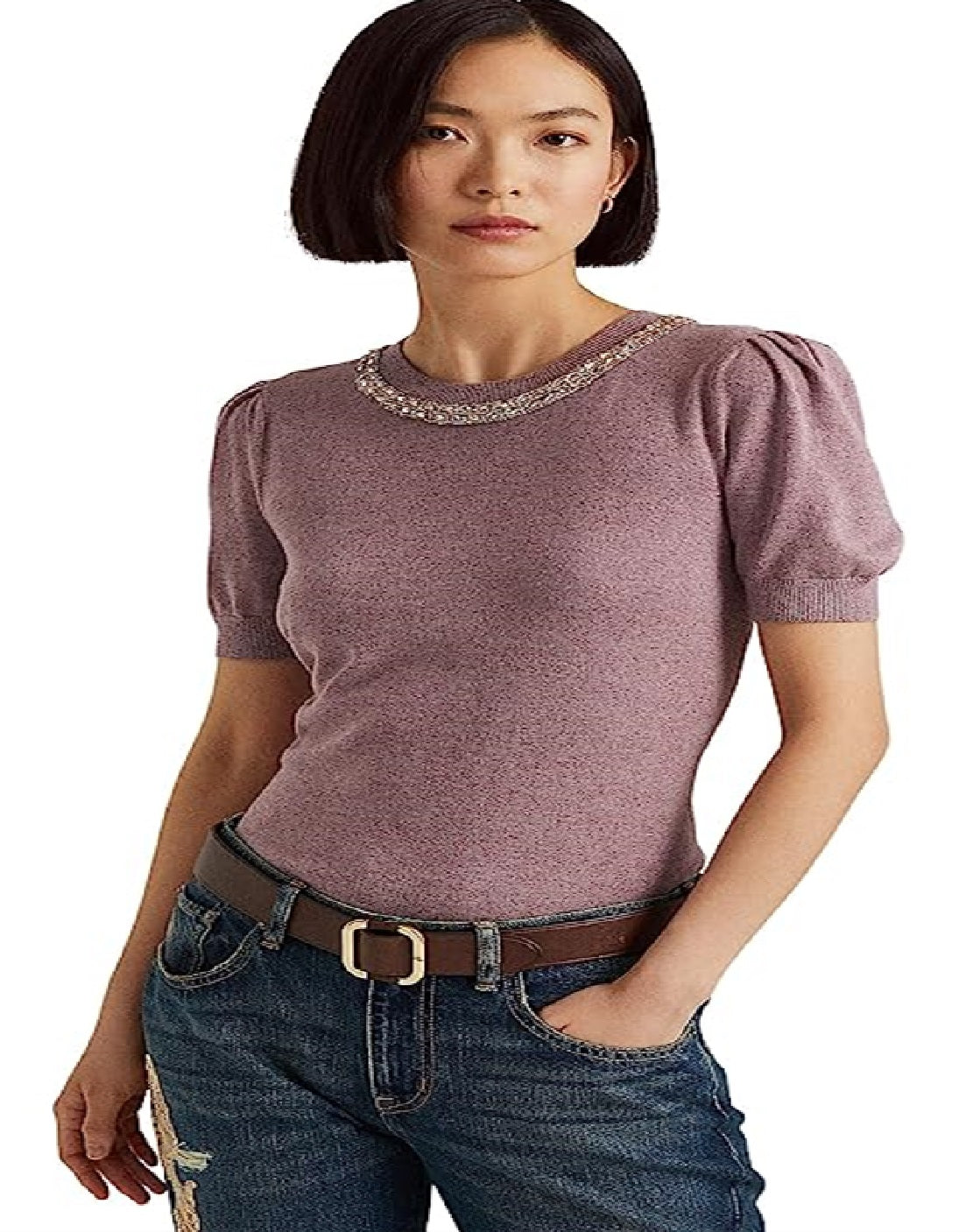Ralph Lauren Women's Beaded Short Sleeve Sweater Purple Size Large