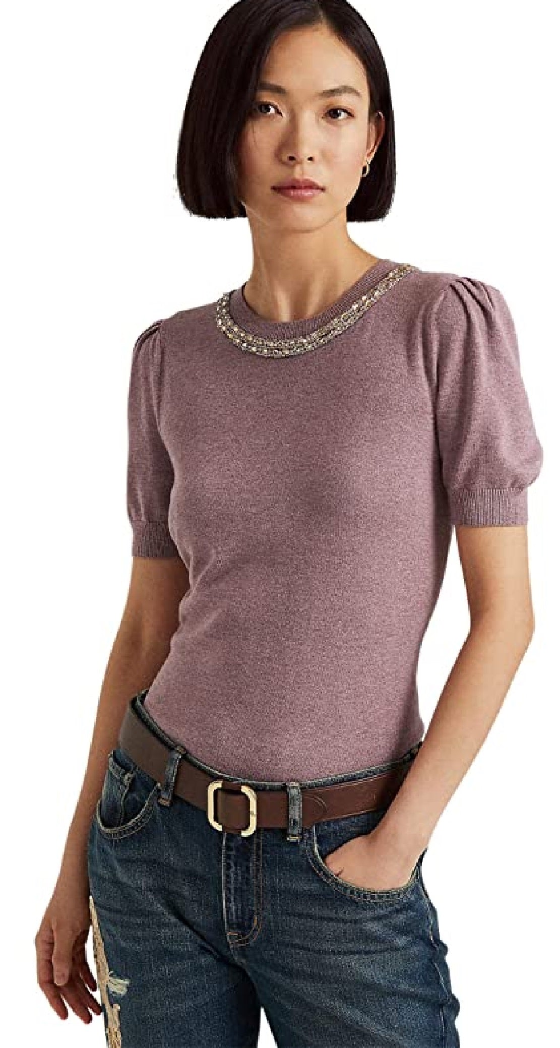 Ralph Lauren Women's Beaded Short Sleeve Sweater Purple Size Medium