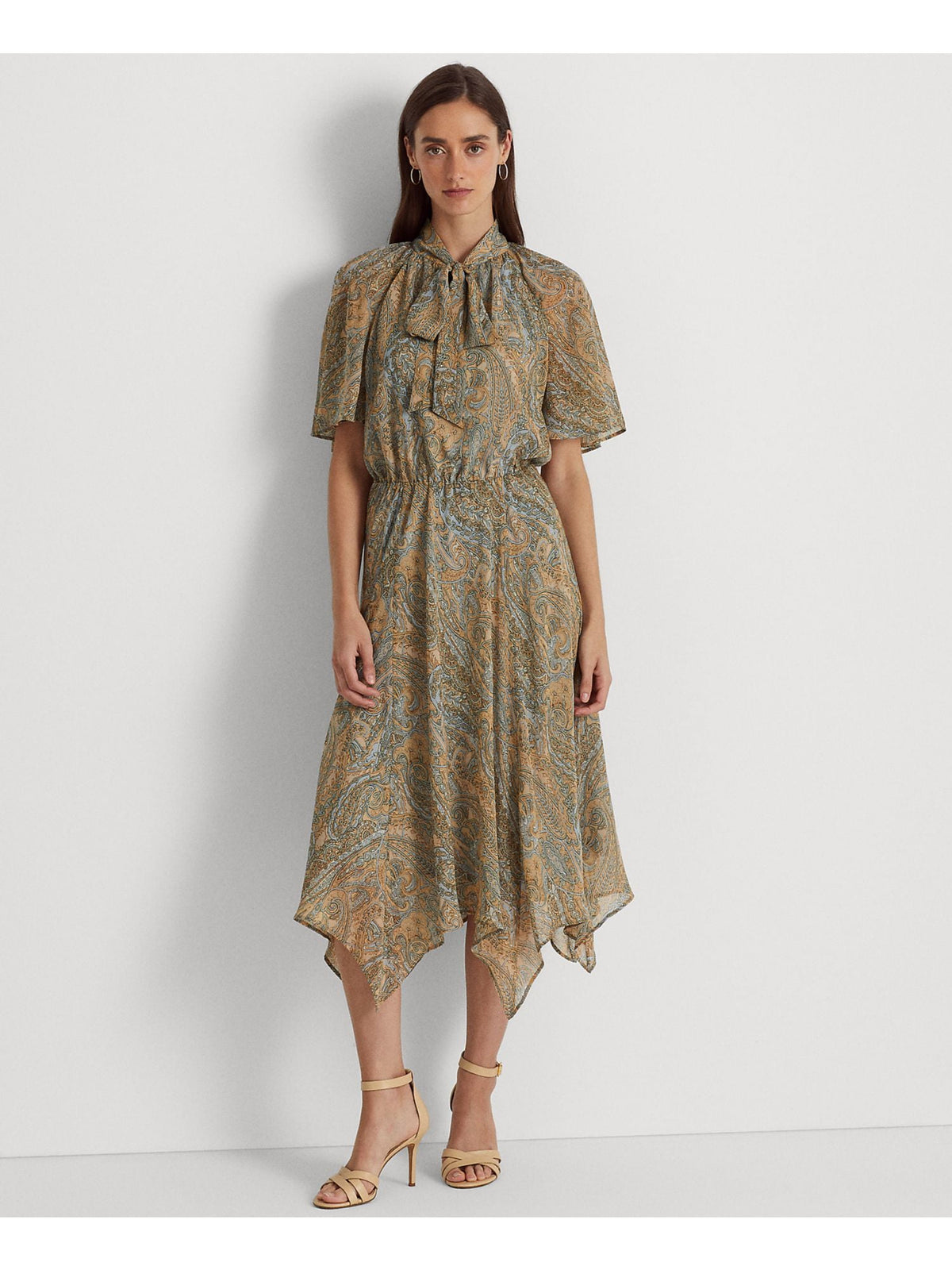 Ralph Lauren Women's Paisley Short Sleeve Tie Neck Midi Wear To Work Shift Dress Blue Size 4