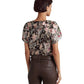 Ralph Lauren Women's Floral Metallic Jacquard Short Sleeve Blouse Brown Size X-Large
