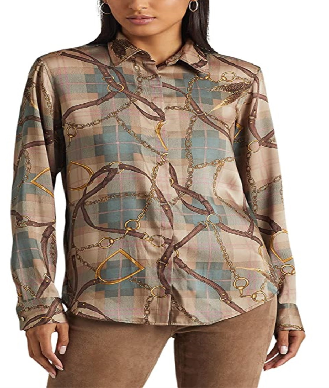 Ralph Lauren Women's Plaid Belting Print Twill Shirt Brown Size X-Large