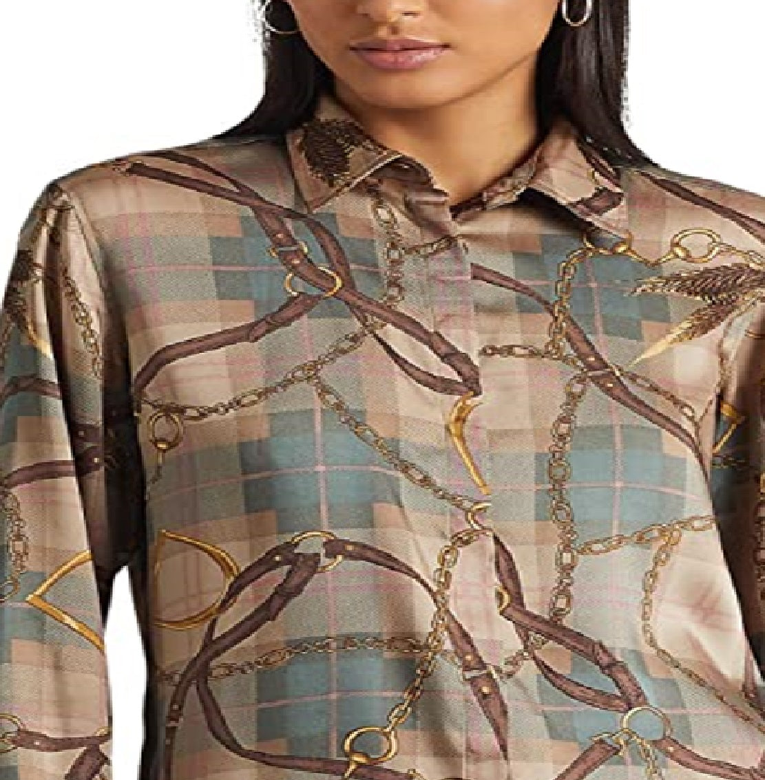 Ralph Lauren Women's Plaid Belting Print Twill Shirt Brown Size X-Large