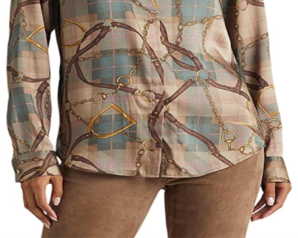 Ralph Lauren Women's Plaid Belting Print Twill Shirt Brown Size X-Large