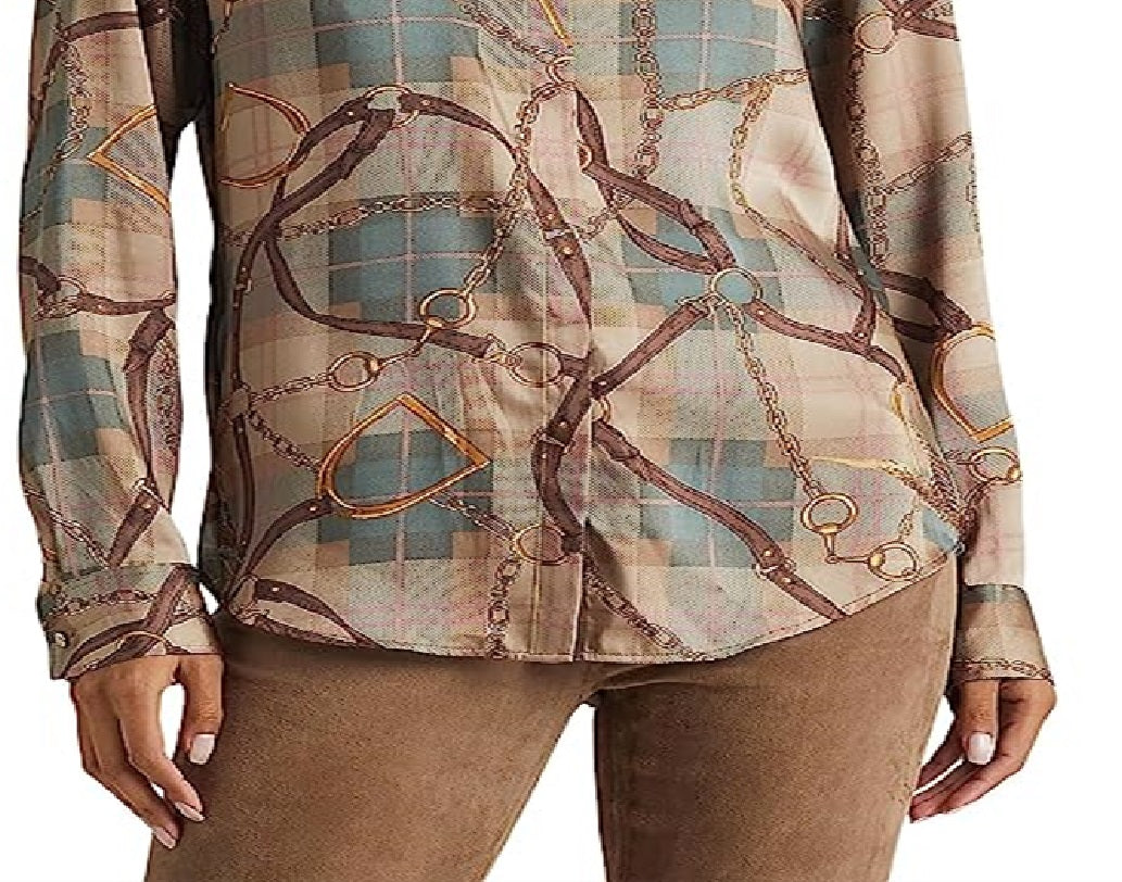 Ralph Lauren Women's Plaid Belting Print Twill Shirt Brown Size X-Small