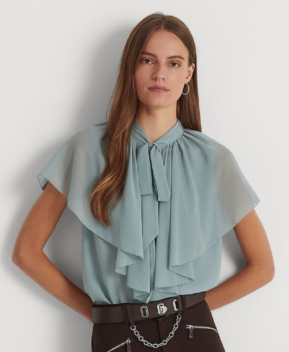 Ralph Lauren Women's Tie Neck Crinkle Georgette Cape Blouse Blue Size X Large
