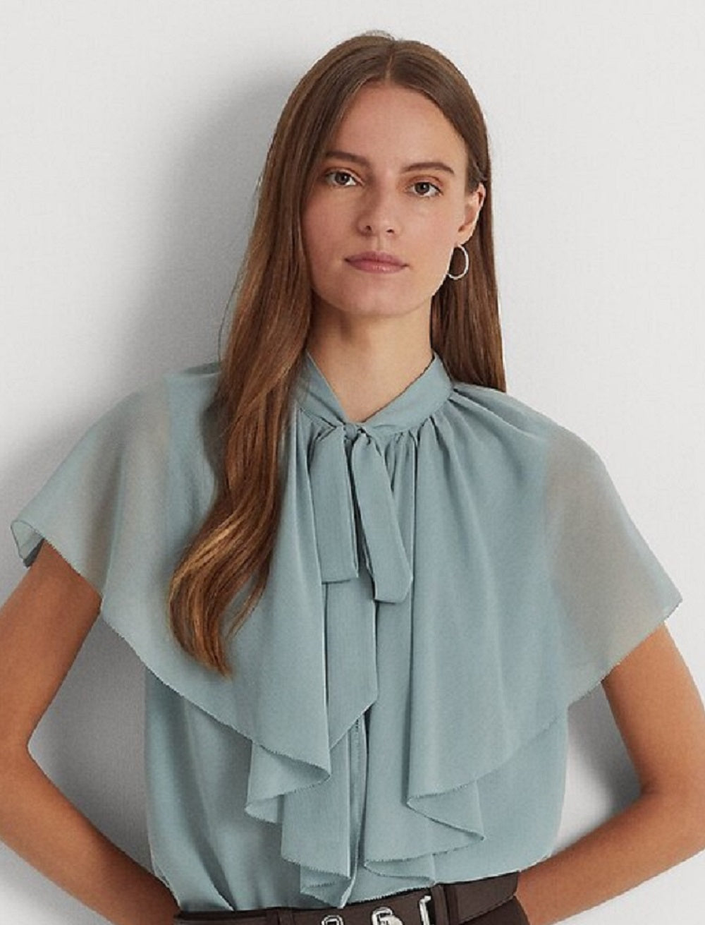 Ralph Lauren Women's Tie Neck Crinkle Georgette Cape Blouse Blue Size X Large