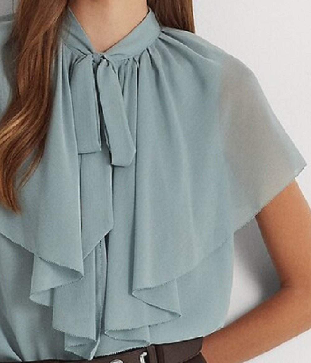 Ralph Lauren Women's Tie Neck Crinkle Georgette Cape Blouse Blue Size X Large