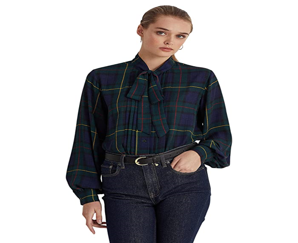 Ralph Lauren Women's Plaid Tie Neck Georgette Shirt Blue Size X-Large