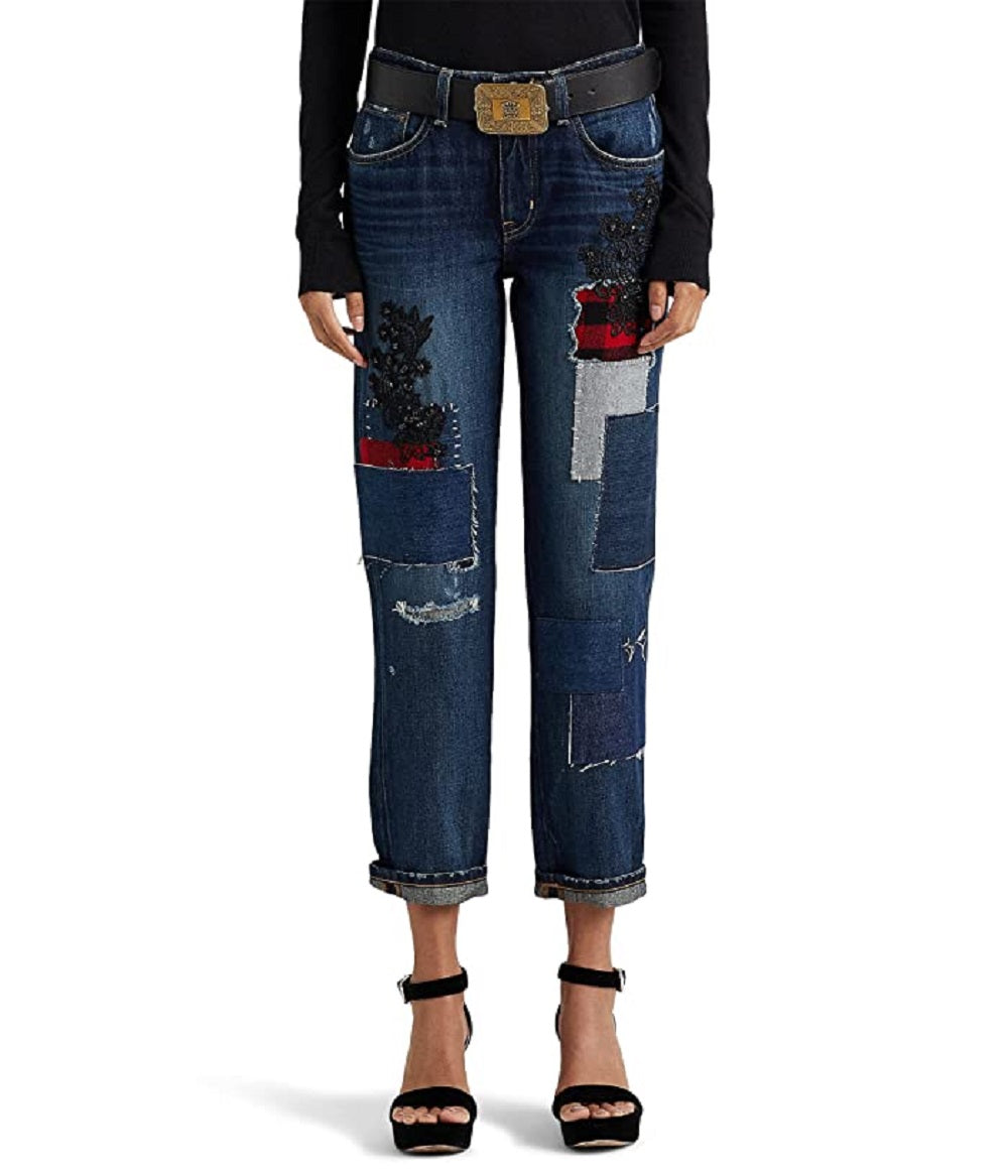 Ralph Lauren Women's Patchwork Relaxed Tapered Ankle Jeans Blue Size 12