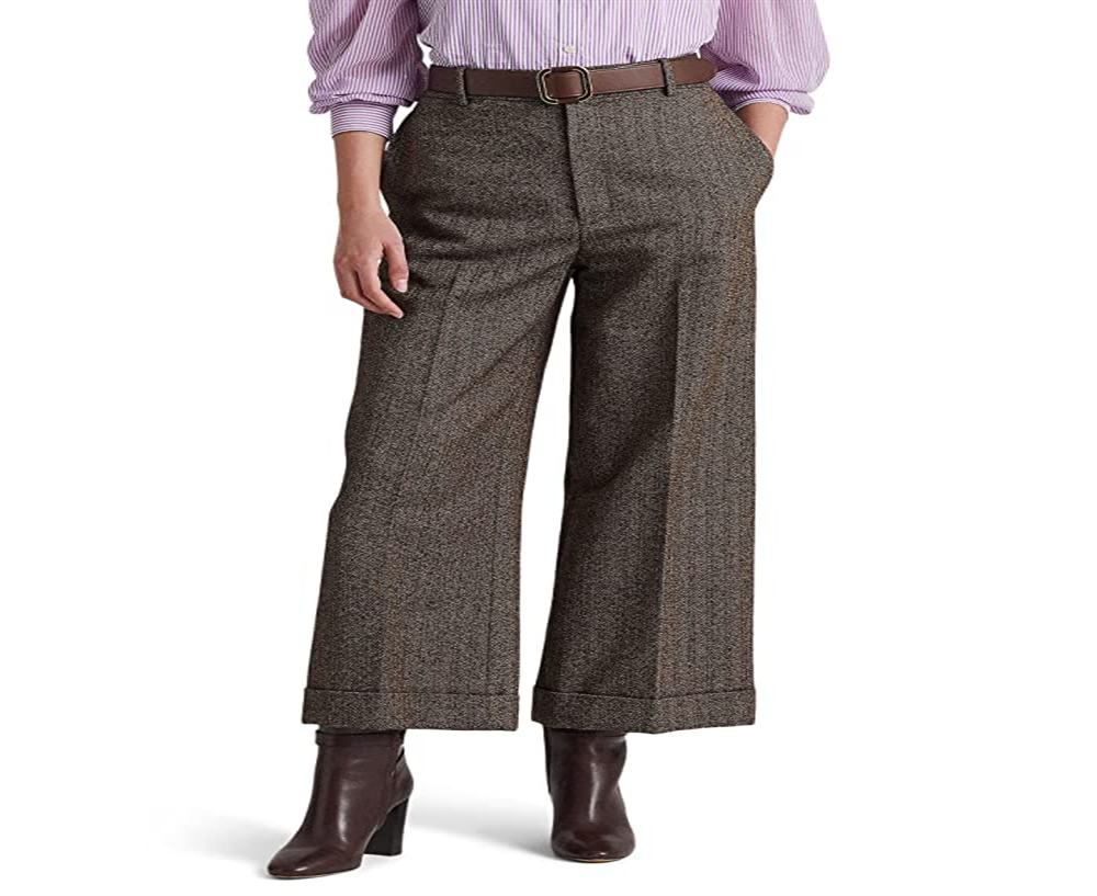 Ralph Lauren Women's Herringbone Wide Leg Cropped Pants Brown Size 16