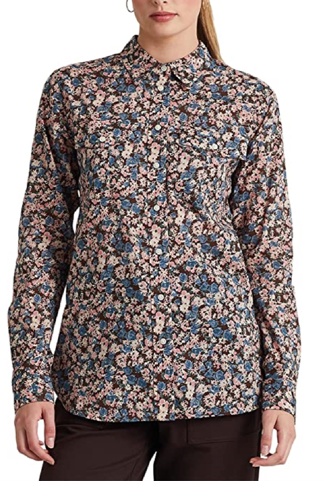 Ralph Lauren Women's Floral Cotton Voile Shirt Brown Size Large