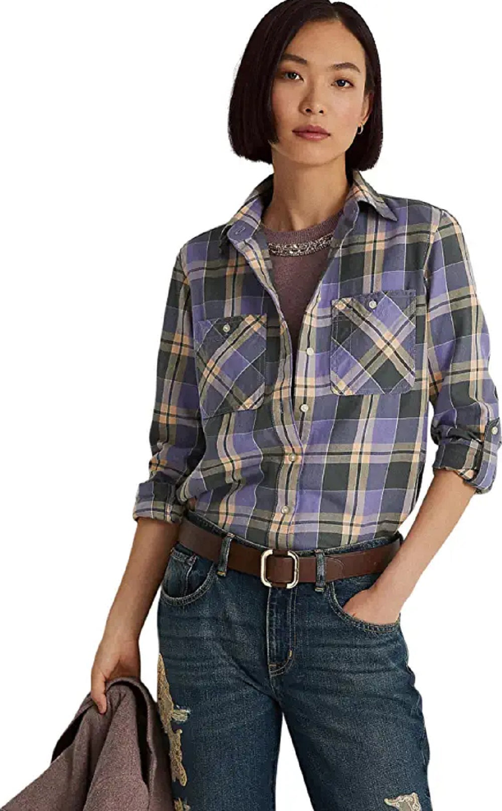 Ralph Lauren Women's Plaid Twill Shirt Purple Size Large