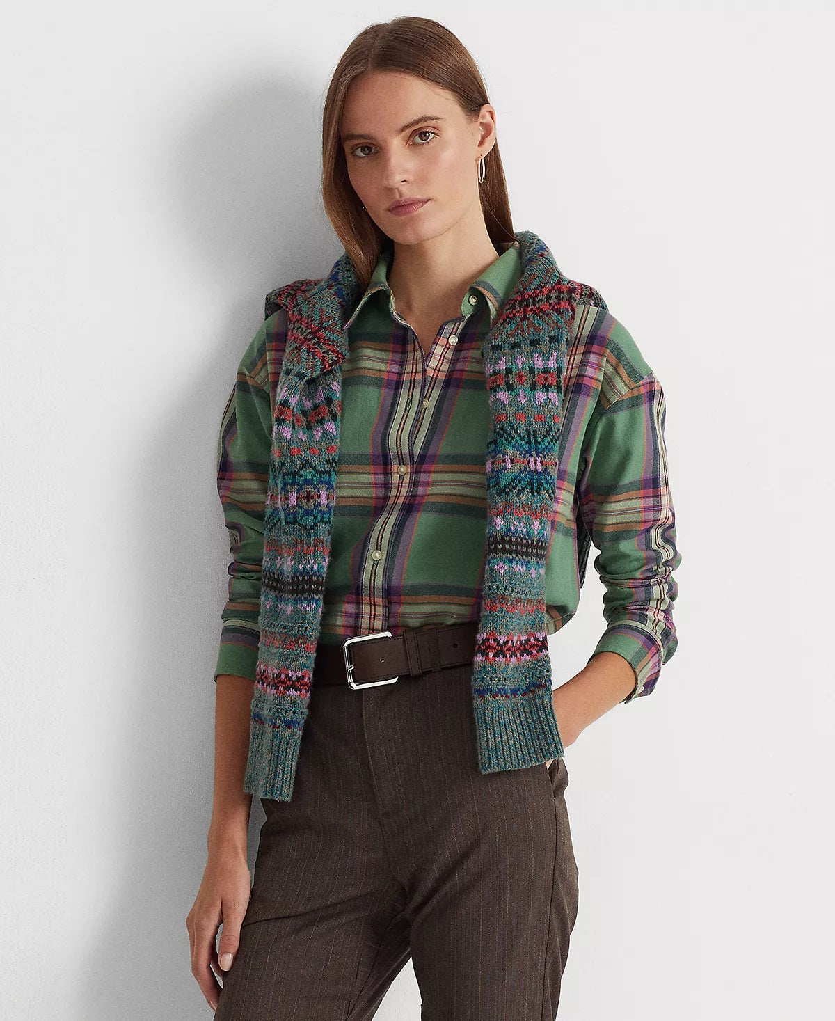 Ralph Lauren Women's Plaid Cotton Twill Shirt Green Size Medium