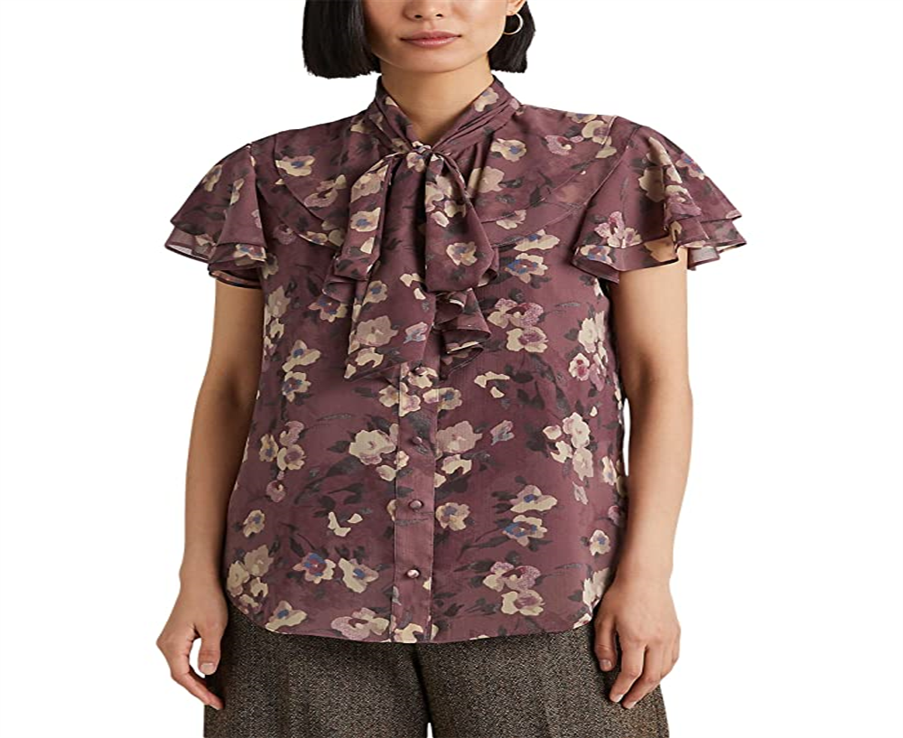 Ralph Lauren Women's Floral Tie Neck Georgette Blouse Purple Size Large