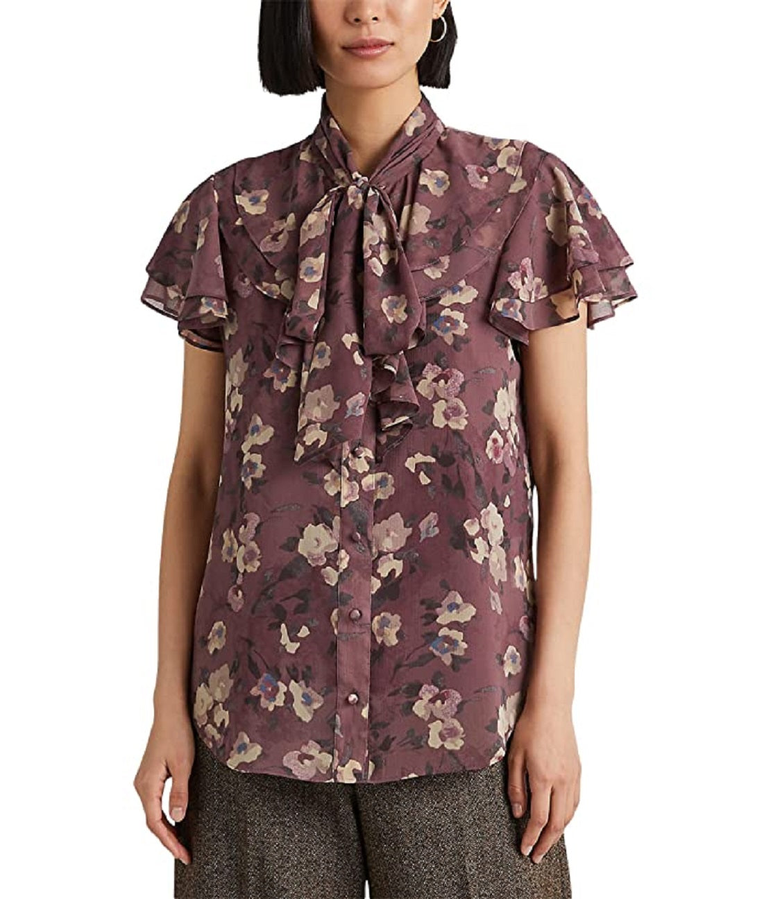 Ralph Lauren Women's Floral Tie Neck Georgette Blouse Purple Size Medium