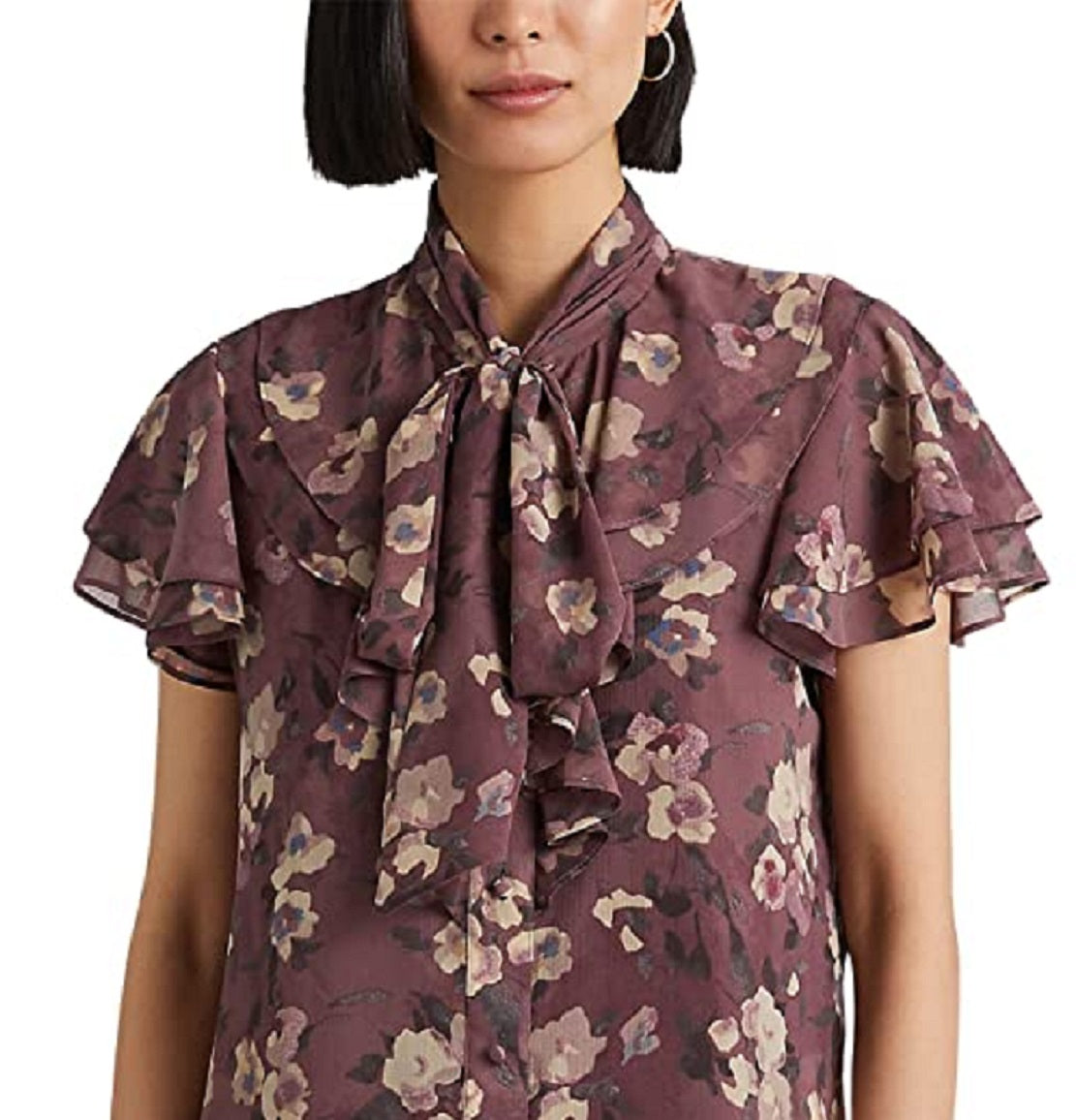 Ralph Lauren Women's Floral Tie Neck Georgette Blouse Purple Size Medium
