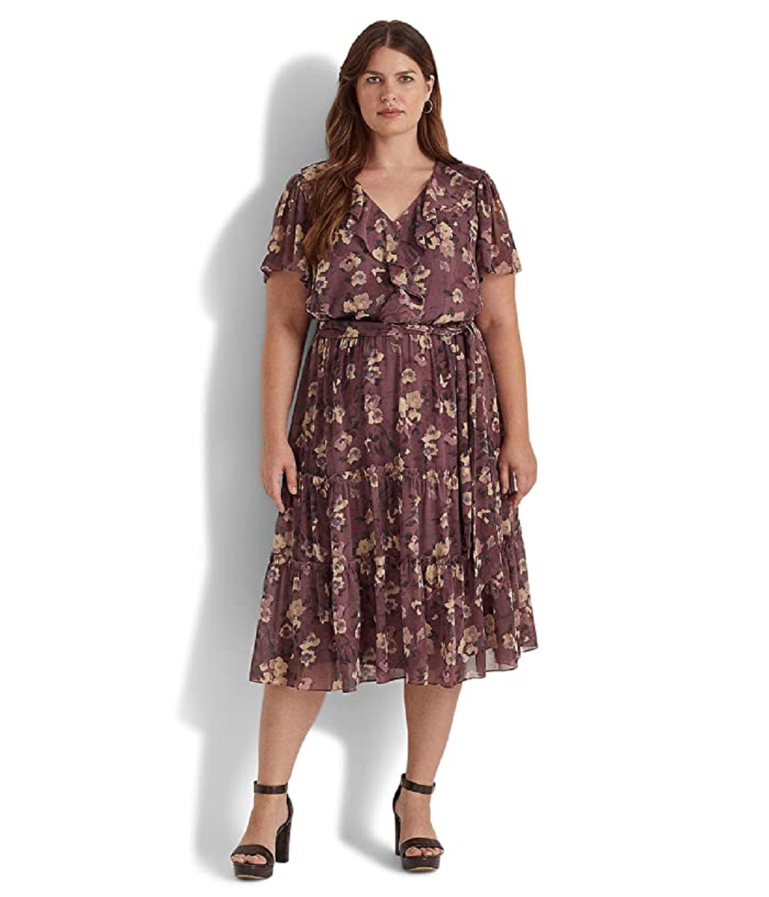 Ralph Lauren Women's Floral Belted Crinkle Georgette Dress Purple Size 18W