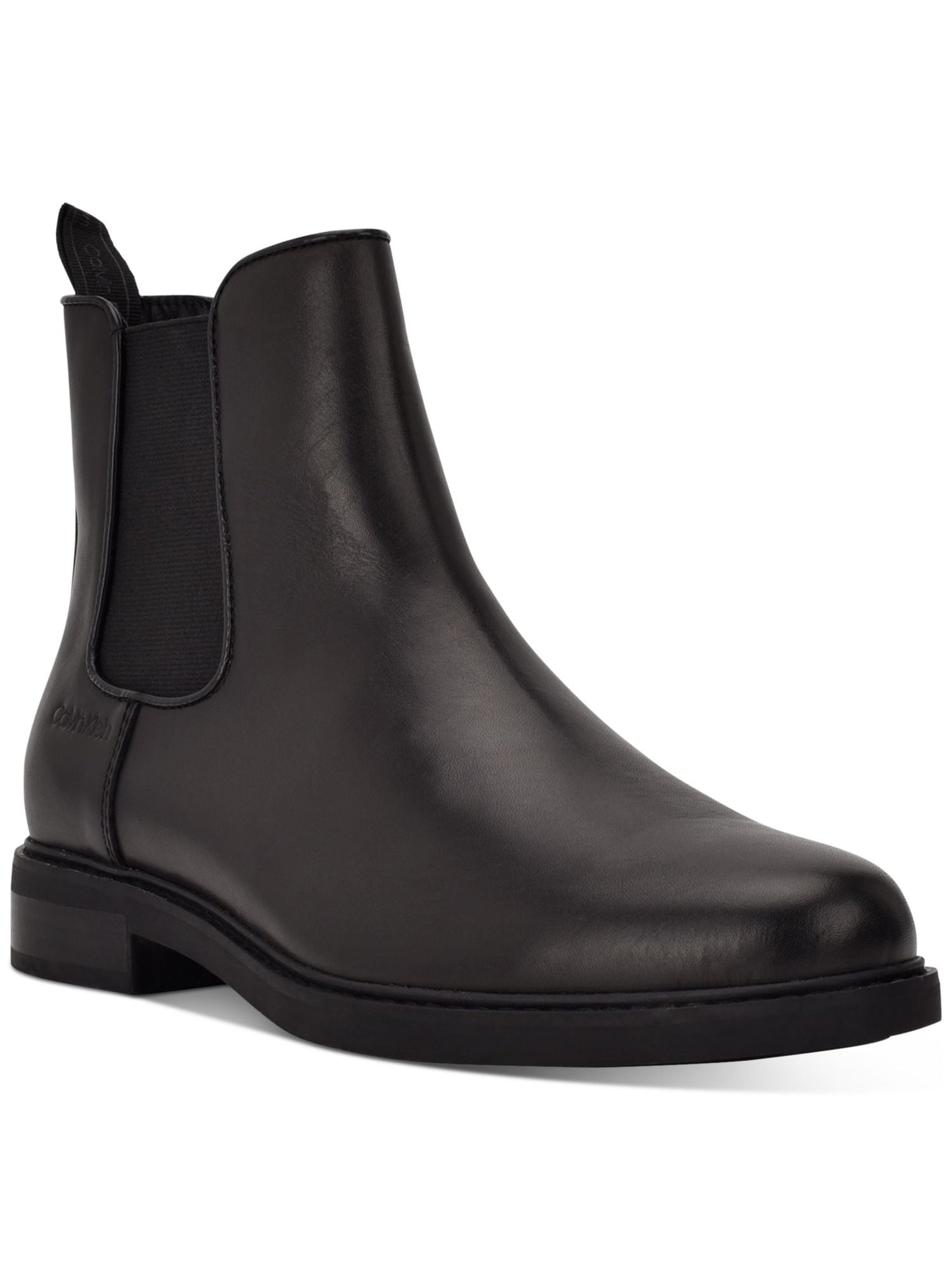 Calvin Klein Men's Pull Tab Goring Cushioned Fenwick Round Toe Block Heel Leather Chelsea Black Size 7.5 M