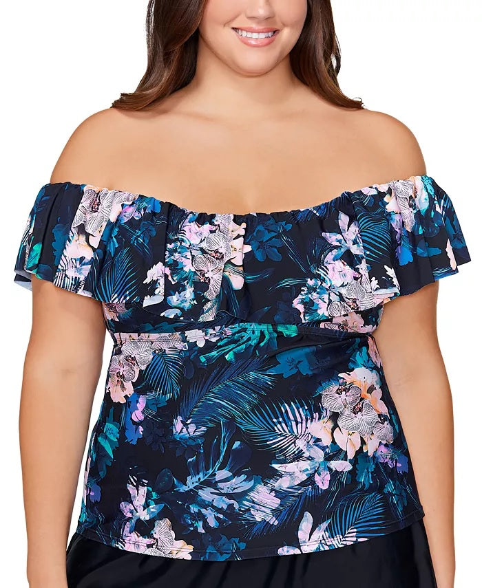 Island Escape Women's La Flor Floral Print Underwire Tankini Top Swimsuit Black Size 18W