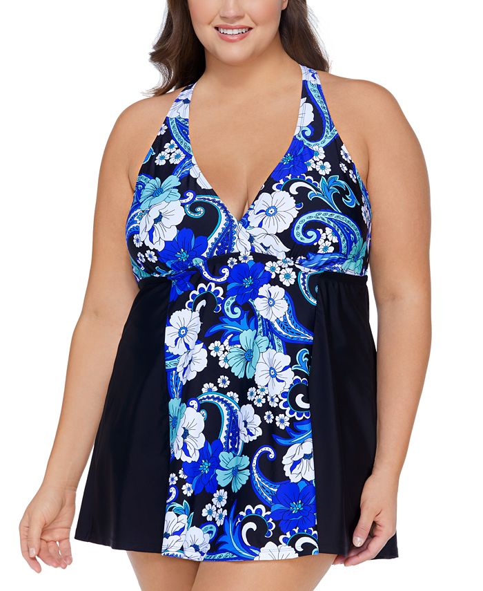 Island Escape Women's Plus Printed Underwire Swimdress Swimsuit Black