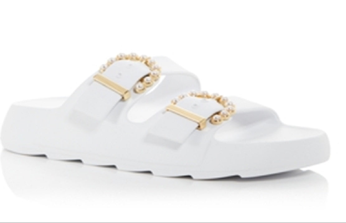 Stuart Weitzman Women's Pearl Buckle Slide Sandals White Size 7 M
