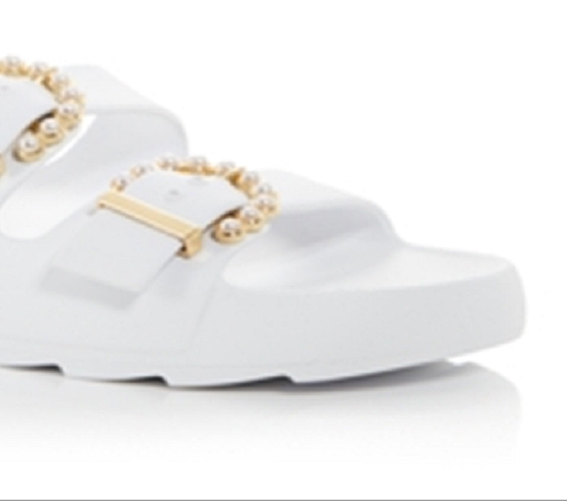 Stuart Weitzman Women's Pearl Buckle Slide Sandals White Size 7 M