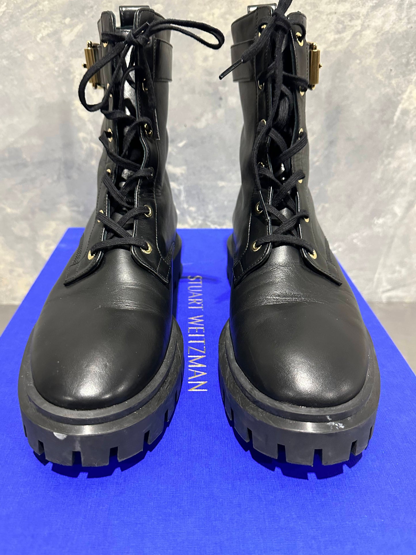 Stuart Weitzman Women's Ultra Lug Sole Buckle Combat Boots Black Size 9 M