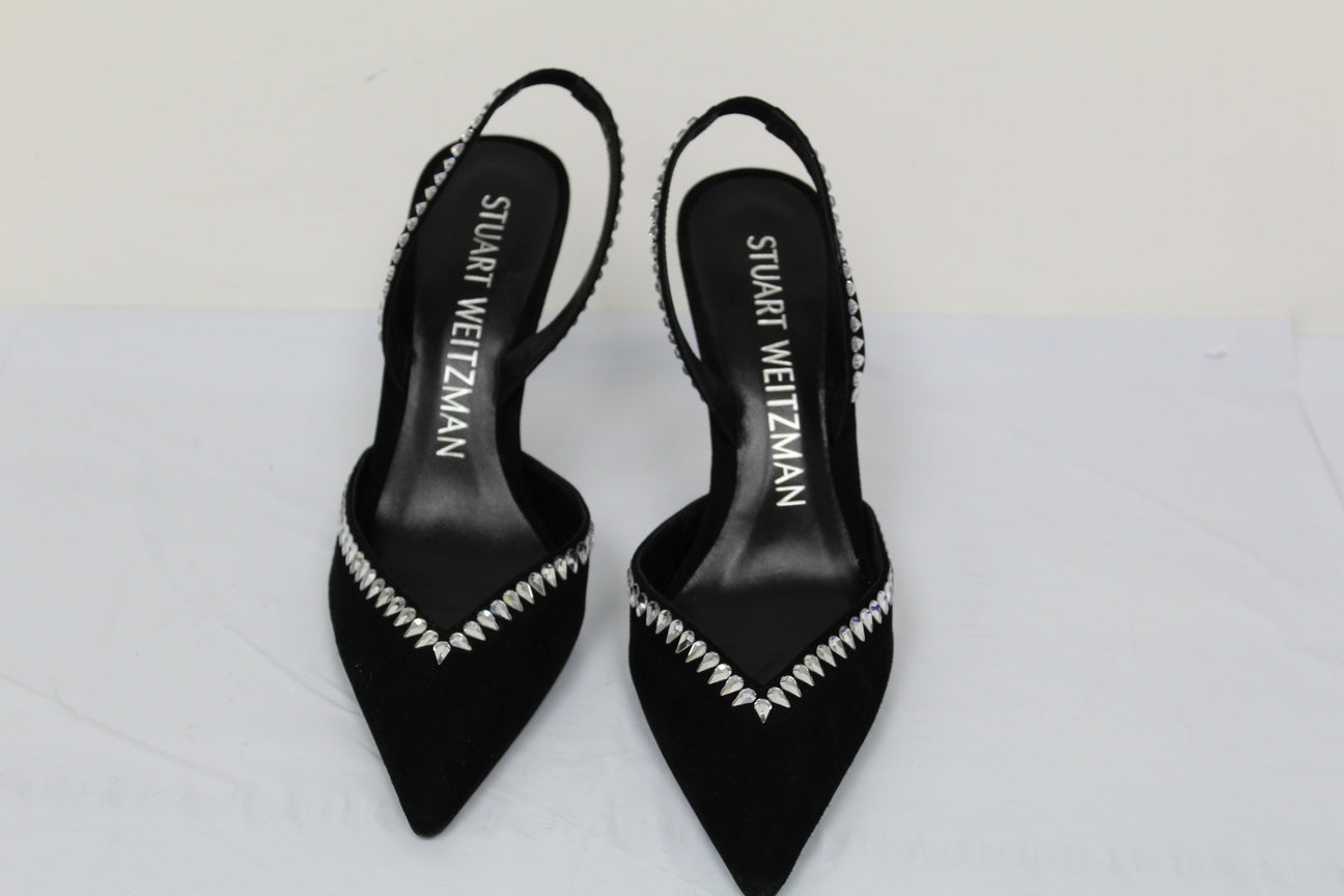 Stuart Weitzman Women's Gemcut Curve Pointed Toe Slingback Pump Black Size 7.5
