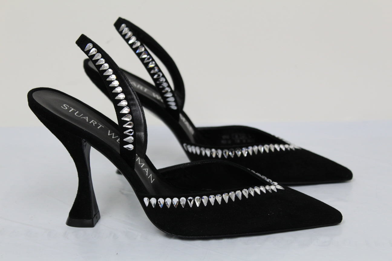 Stuart Weitzman Women's Gemcut Curve Pointed Toe Slingback Pump Black Size 7.5