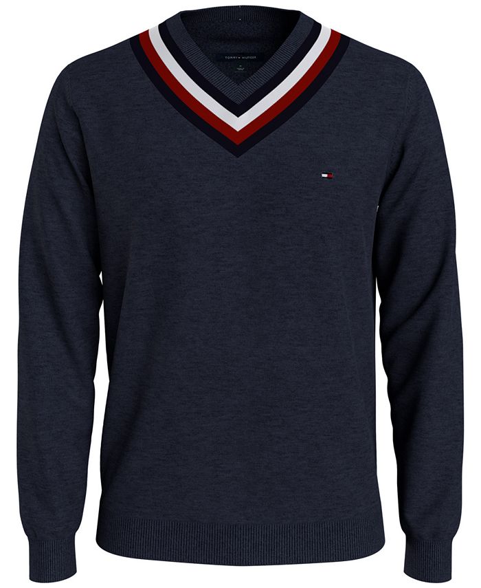 Tommy Hilfiger Men's Signature Stripe Tipped Cricket V Neck Sweater Blue Size Large