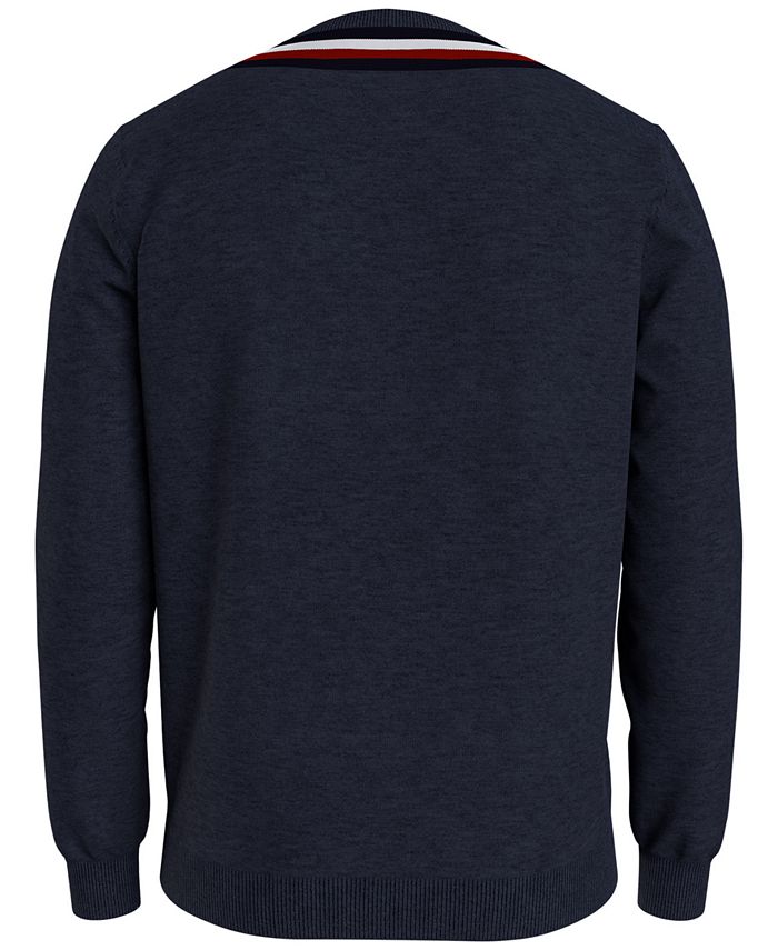 Tommy Hilfiger Men's Signature Stripe Tipped Cricket V Neck Sweater Blue Size Large