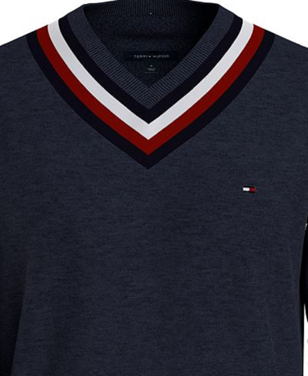 Tommy Hilfiger Men's Signature Stripe Tipped Cricket V Neck Sweater Blue Size Large