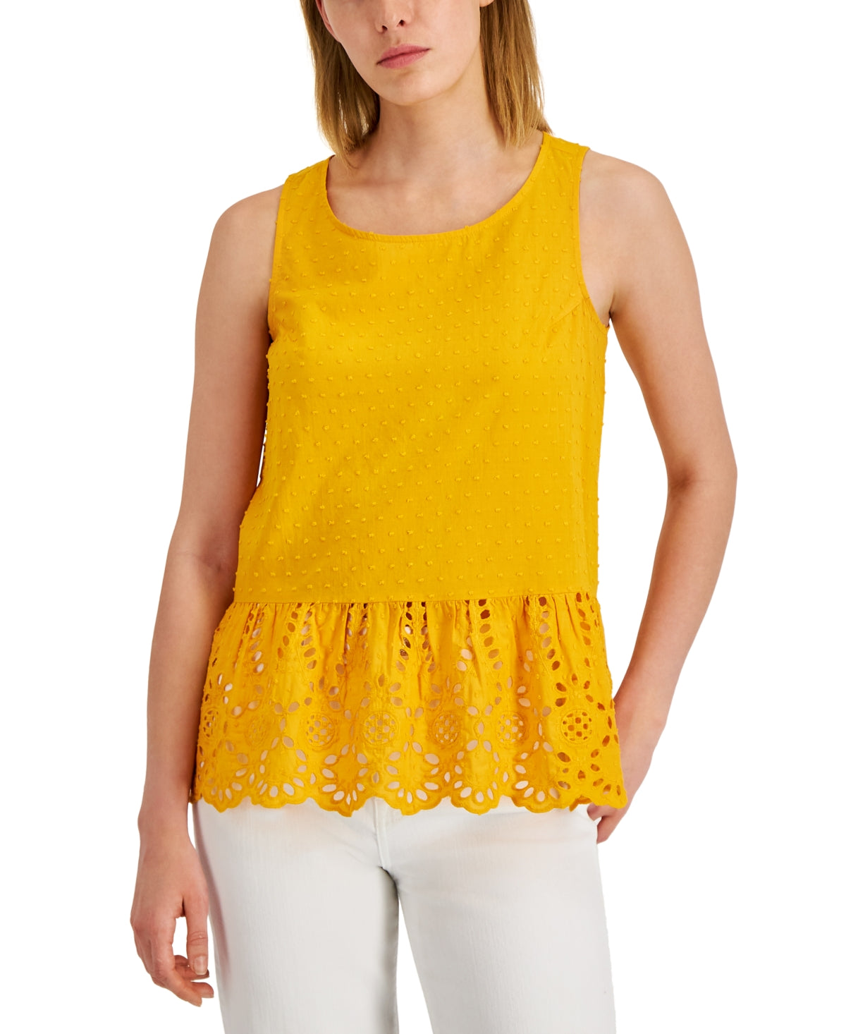 Adyson Parker Women's Sleeveless Eyelet Peplum Top Yellow Size Medium