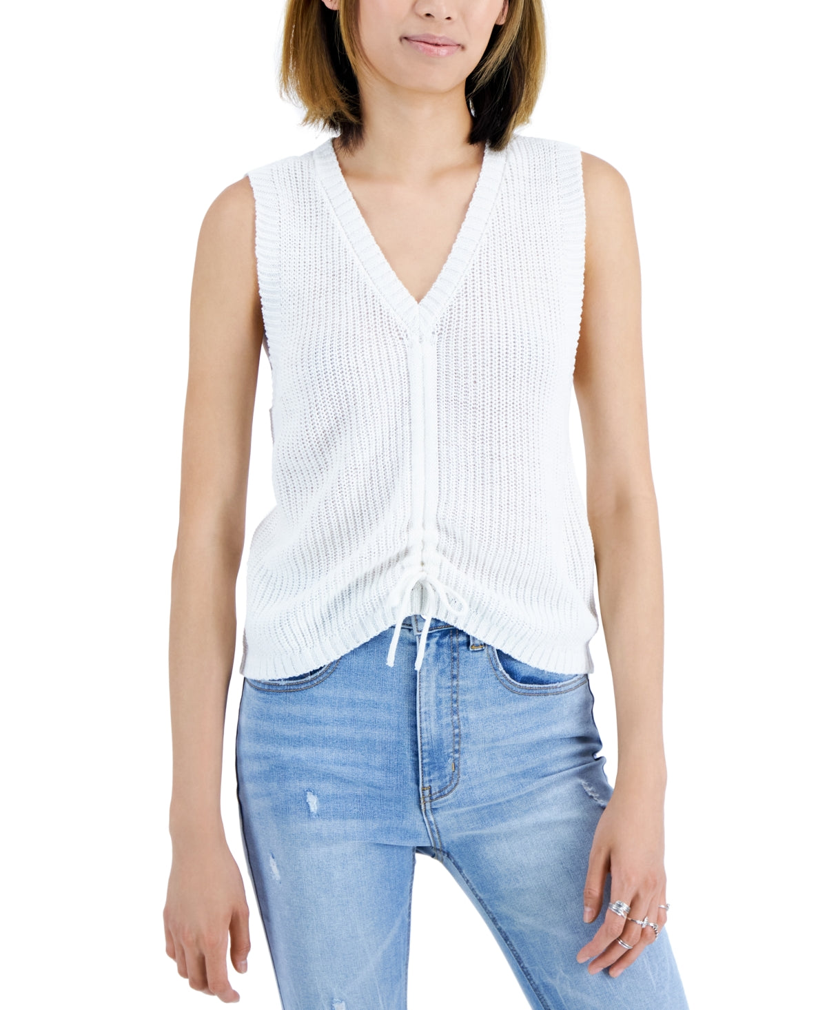 Sugar Moon Junior's Ruched Front V neck Sweater Vest White Size X-Small