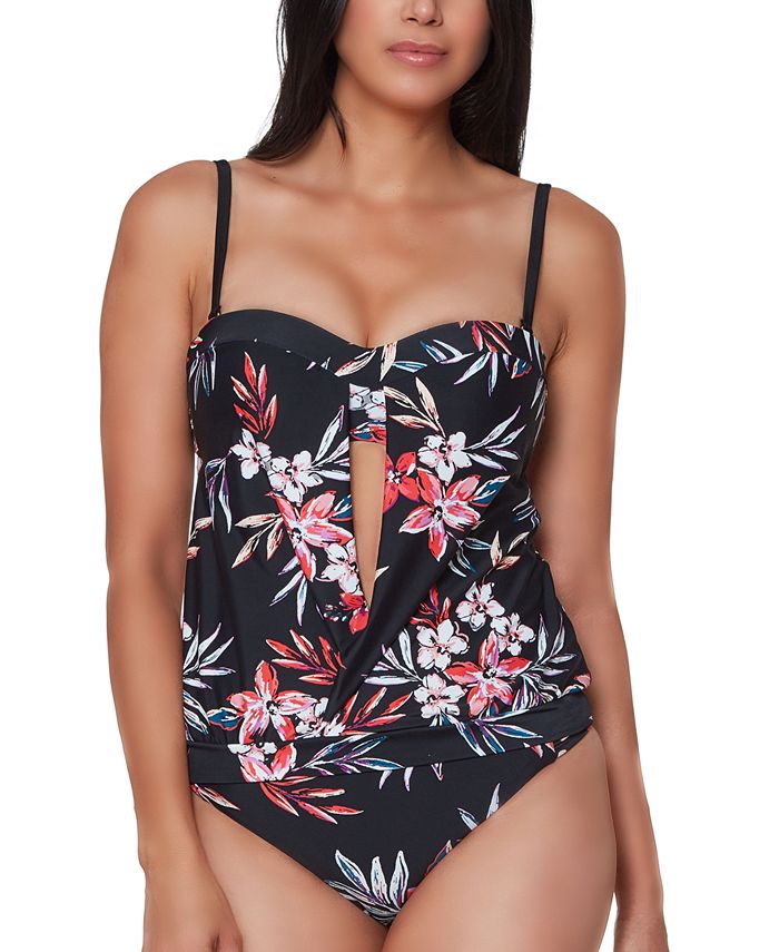Bar III Women's Floral Print Tankini Top Swimsuit Black Size Large