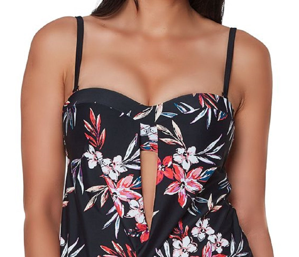 Bar III Women's Floral Print Tankini Top Swimsuit Black Size Large
